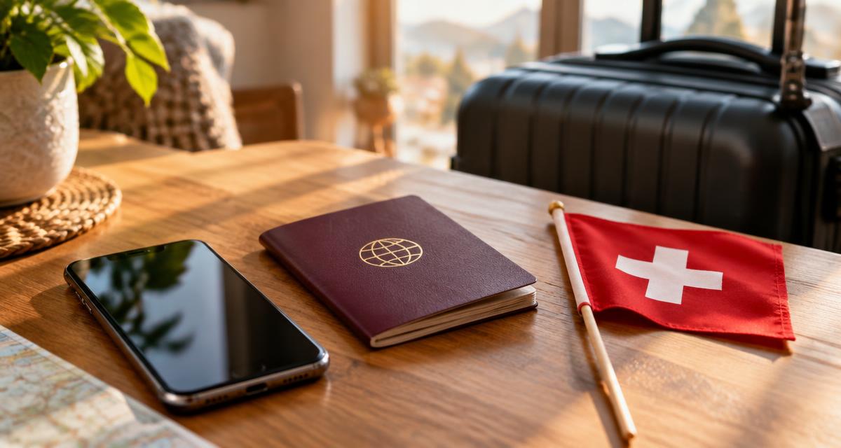Teléfono móvil, pasaporte y bandera suiza sobre una mesa junto a una maleta, preparando la llegada a Suiza